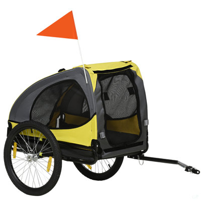 Aosom Dog Bike Trailer, Pet Bike Wagon With Steel Frame, Hitch Coupler, Quick Release Wheels, Reflectors, Flag, Pet Travel Carrier For Medium Dogs, Yellow