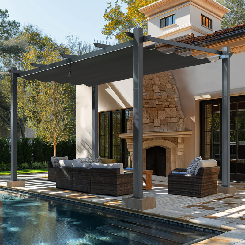 Aluminum Pergola with Canopy, 13 ft. W x 10 ft. D, Grey