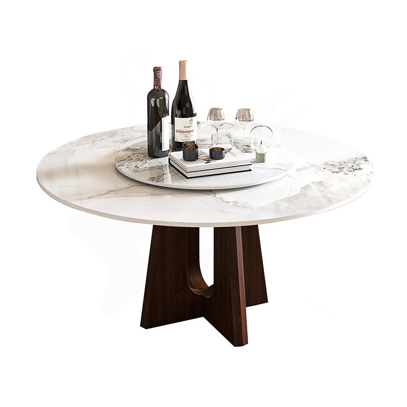 Table de salle à manger 59 "en pierre frittée ronde avec base en bois massif pour 6 à 8 personnes (table seulement)