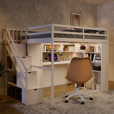 Lit mezzanine beige avec garde-robe intégrée, bureau d'étude, rangement ouvert et lumières à DEL, configuration d'espace pour les espaces compacts et les chambres doubles