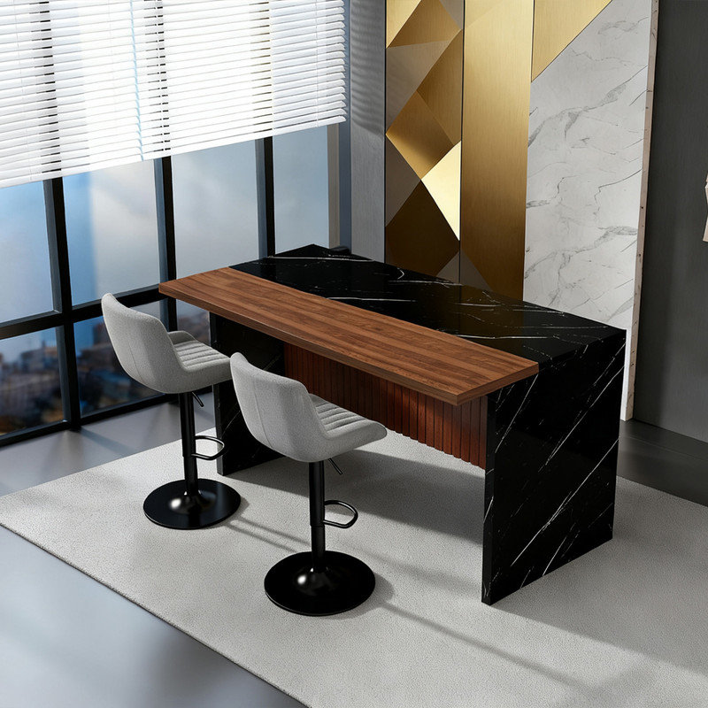 Ensemble d'îlot de cuisine 63 po avec 2 tabourets de bar gris - surface d'aspect marbre noir, éclairage DEL et conception de barbecue pour la salle à manger, espaces à aire ouverte, salon (2 tabourets de bar gris)