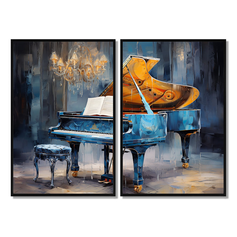 Piano Rhapsody In Blue - impressions d'art bleues sur toile, 36" H x 48" W, Impression encadrée flottante, Black