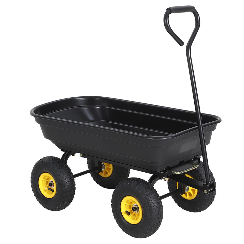 Heavy-Duty Garden Dump Cart, 400 lb Capacity Poly Yard Wagon - Quick-Release Dump Bed - Steel Frame - Pneumatic Tires, Black - Plastic Spokes + Rubber Wheels
