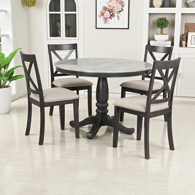 Ensemble de salle à manger 5 pièces en bois massif - table blanche de 45 po, 4 chaises à dossier courbé, plateau d'aspect marbre, fabrication vietnamienne, support de 275 lb, cuisine compacte parfaite