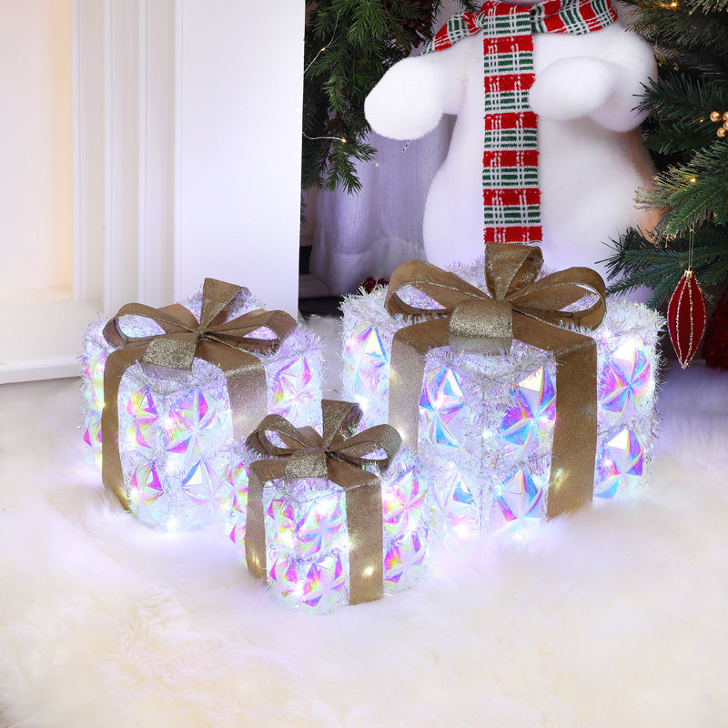 Ensemble de 3 boîtes-cadeaux de Noël prisme argenté avec lumières, Argenté/doré
