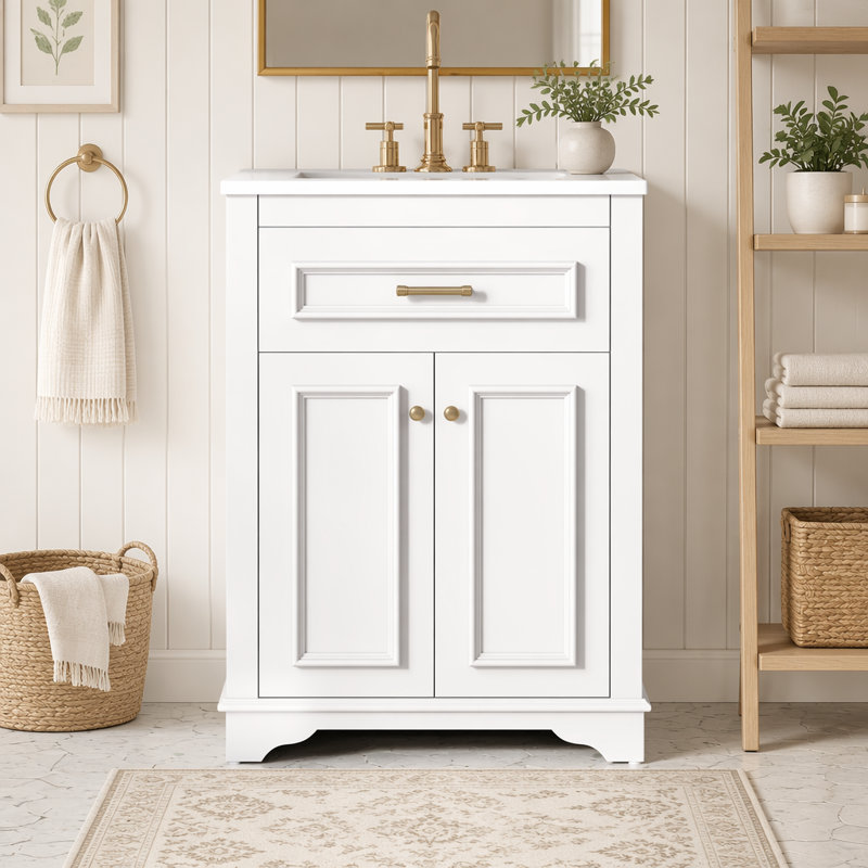  Meuble-lavabo simple 24 po, meuble-lavabo intégré en céramique avec 2 portes et tiroir coulissant, meuble de rangement peu encombrant pour la salle de bain