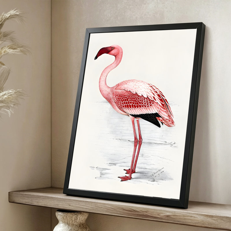Flamant rose moderne moderne debout gracieusement, texture de plume détaillée, peinture à l'aquarelle réaliste. Art mural 24 "x 36" avec cadre en bois noir