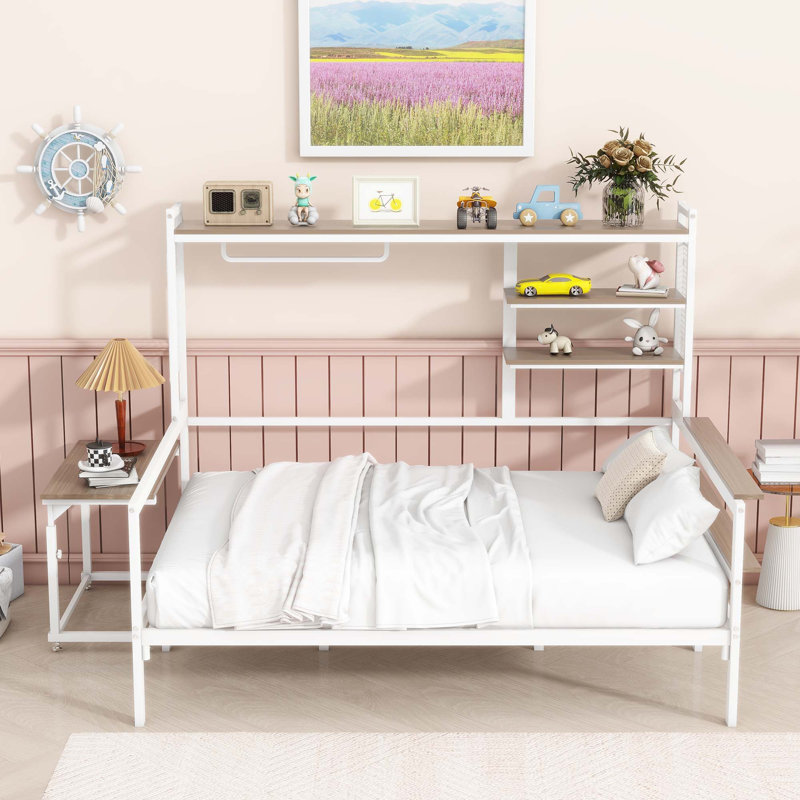 Lit de jour en métal avec bureau mobile, grille en métal, tablettes et cintre, Double, Blanc