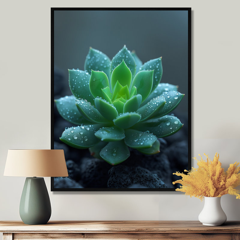 Gouttes de pluie vertes et grises sur un cactus du désert - décoration murale cactus floral, Toile avec cadre flottant noir