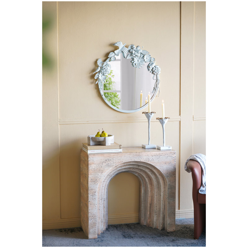 Console sculptée 32,3 x 14,2 x 29,9 po arquée avec faux travertin beige