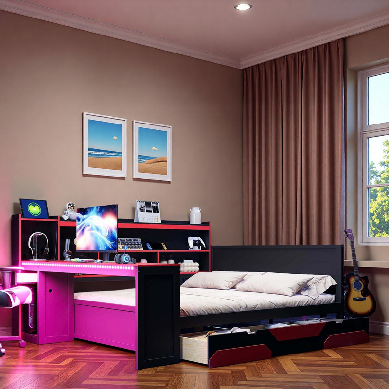 Lit de jour Modern Gaming avec bureau intégré, bandes lumineuses, station de charge intégrée, 3 tiroirs de rangement et tablettes de rangement