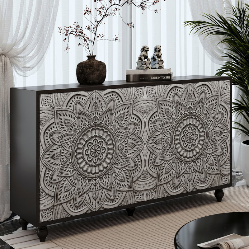 Buffet Mandala 3D avec tablettes réglables et portes à pousser, parfait pour un décor de maison de campagne moderne