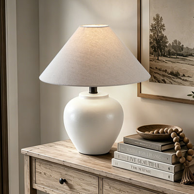 Lampe de table en céramique blanc cassé avec ampoule gratuite incluse, lampe de chevet de ferme avec abat-jour en lin, lampe de table rustique neutre pour chambre à coucher, table de chevet de salon