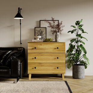 Commode avec 3 tiroirs, commode moderne avec pieds en bois massif et commode avec armoire de rangement pour salon, chambre de bébé, chambre de bébé, chêne