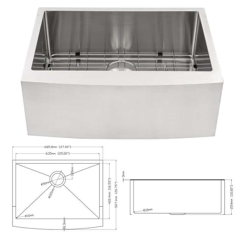 27 Inch Deep Kitchen Basin Sink, Stainless Steel 16G T304, R10 Corner, Noise Reduction Pad, 27"X21"X10 Design, 10" Basin, Condensation Coating,