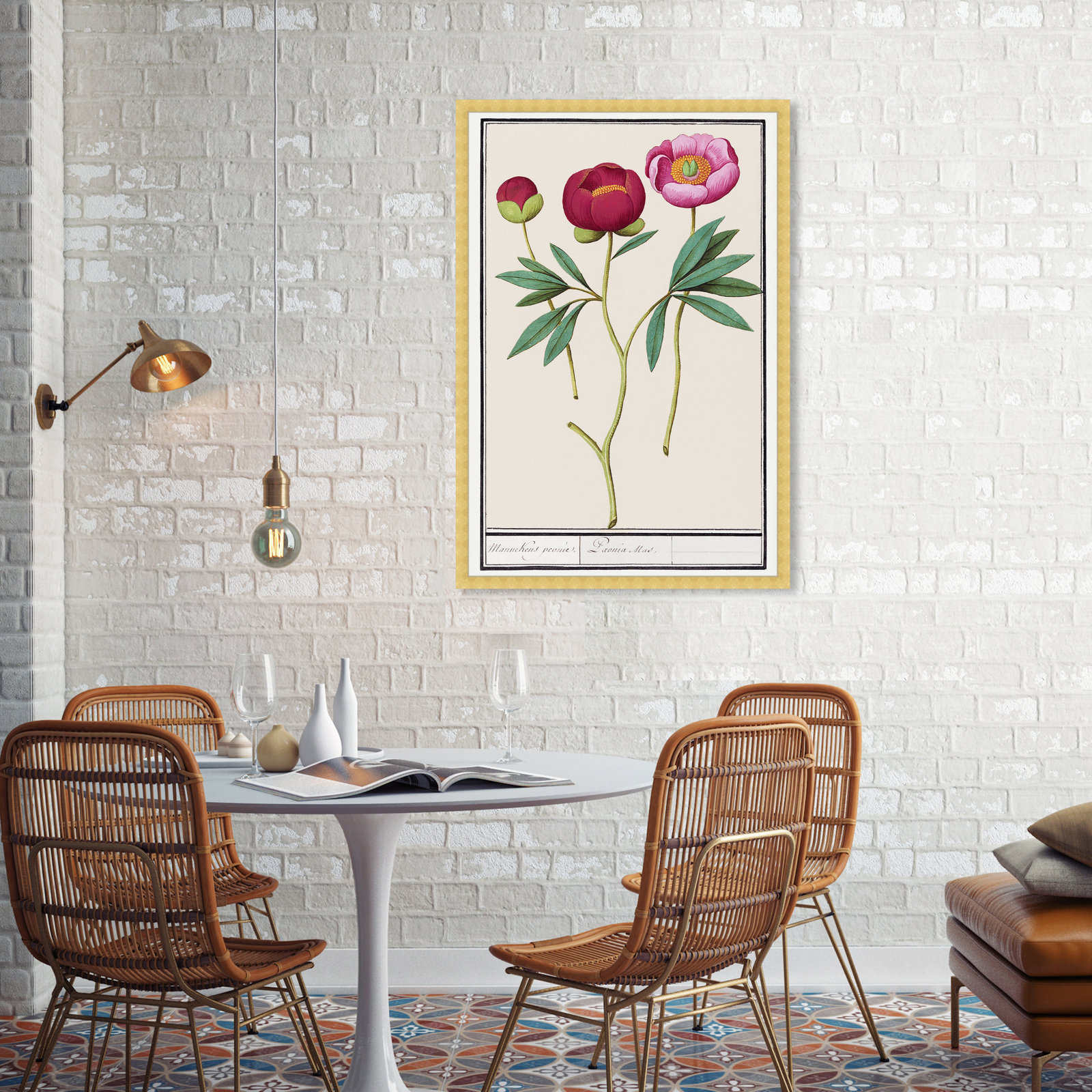 Red and Pink Peony Botanical Study Print, Gold, 38" H x 26" W