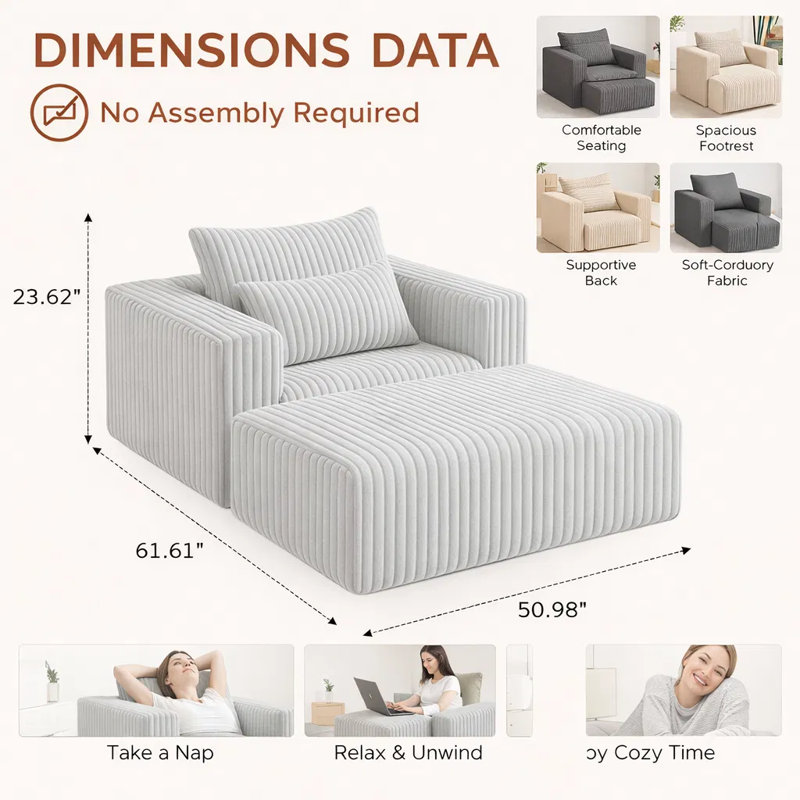 Méridienne compressée avec repose-pieds, fauteuil d'appoint surdimensionné en velours côtelé emballé sous vide pour faciliter le transport, sans assemblage