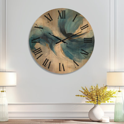 Très grande horloge murale minimaliste en bois - Tourbillon abstrait dans des tons bleus et blancs