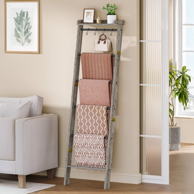  Blanket Ladder Shelf, Decorative Quilt Rack, 7-Tier Farmhouse Ladder Holder Organizer with 4 Removable Hooks