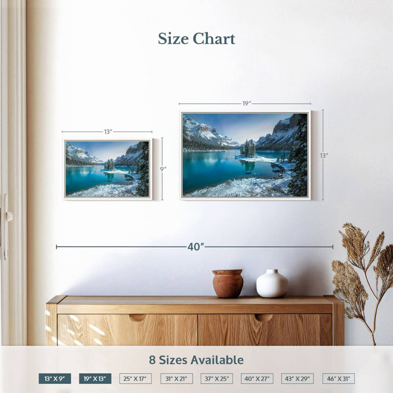 Spirit Island en hiver, Cadre flottant blanc, 19 po x 13 po