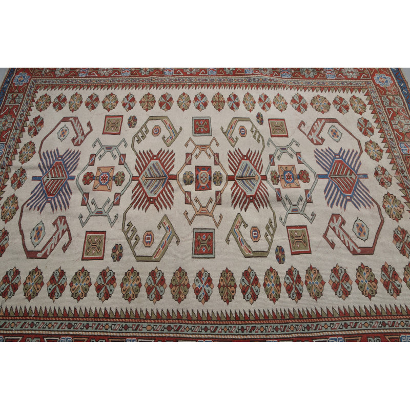 Tapis turc rétro fait à la main avec des motifs géométriques en rouge chaud et beige pour la décoration intérieure