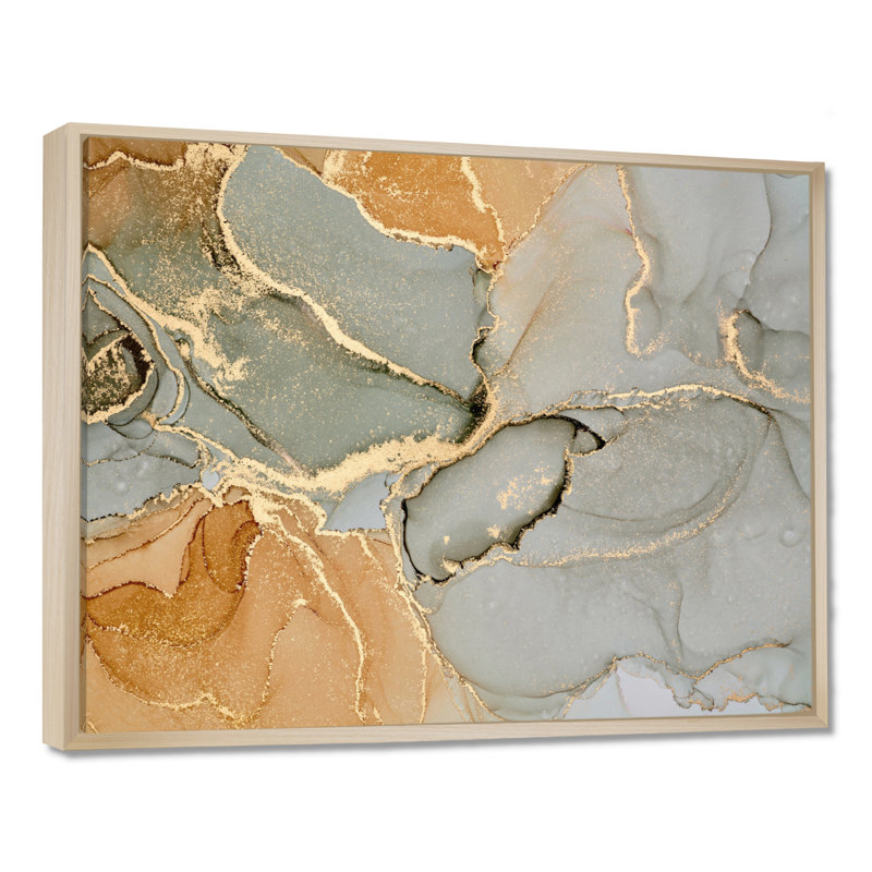 «Brown Luxury Abstract Fluid IV», peinture sur toile, H 16 po x l 32 po, Reproduction avec cadre flottant, Érable