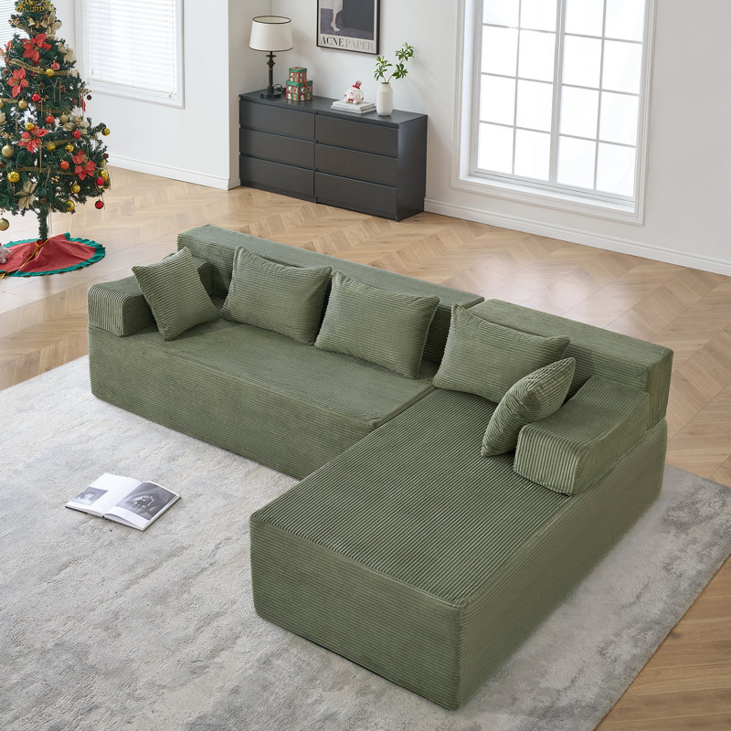 105 in L-Shaped Modular Sectional Sofa with Chaise, Modern Minimalist Deep Seat Couch, No Assembly Needed, Green  Corduroy 