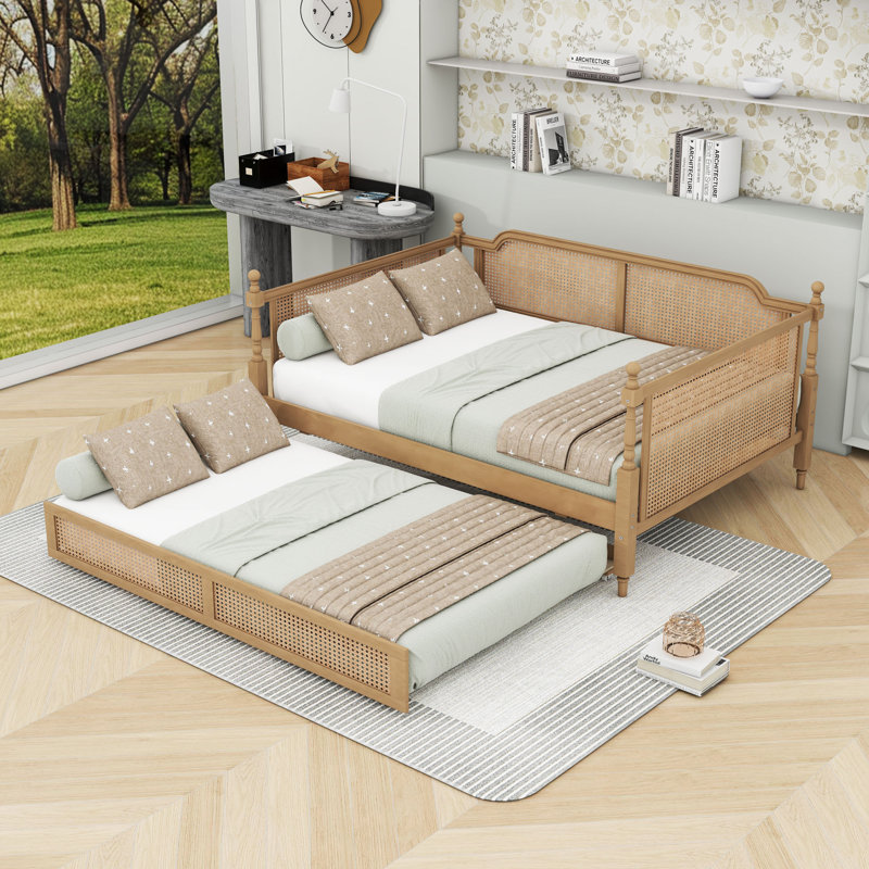Wood Daybed with Rattan Headboard and Trundle, Full/Double, Antique Walnut