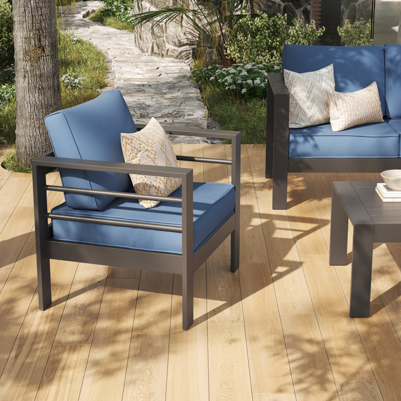 Outdoor Armchair with Cushions（set of 2）, Blue, Black