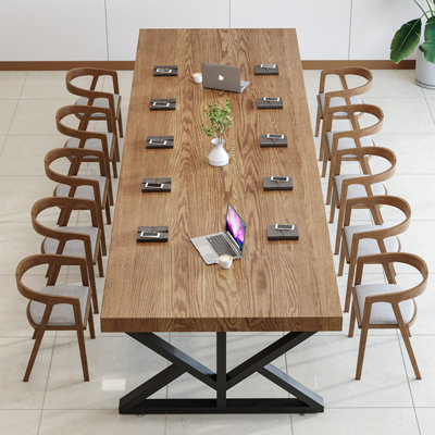 Nut-brown + Black Rectangular Solid Wood + Iron Conference Table