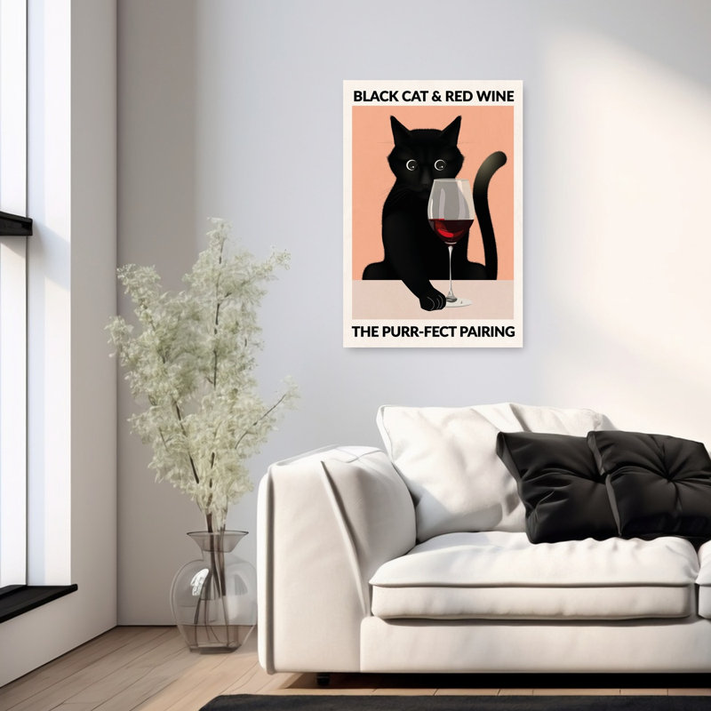 Black Cat Red Wine Classic Elegant Minimalist Cat Wall Art Print by WallChart Art Studio - Wrapped Canvas Print
