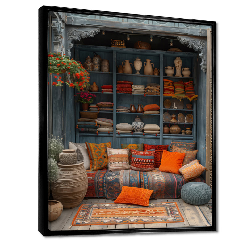 Orange bleu bohémien bazar Boho - art mural du Maroc, salon, H 40 po x l 30 po x P 1,5 po, Cadre flottant noir