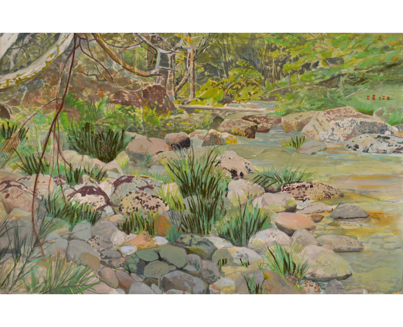 Lush Forest Stream by Other Artist, 24 × 16, Framed Print, Gold