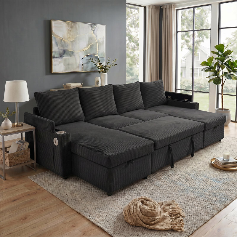 Canapé-lit modulaire en U avec accoudoirs carrés 109,5 po Corduroy, Black Corduroy