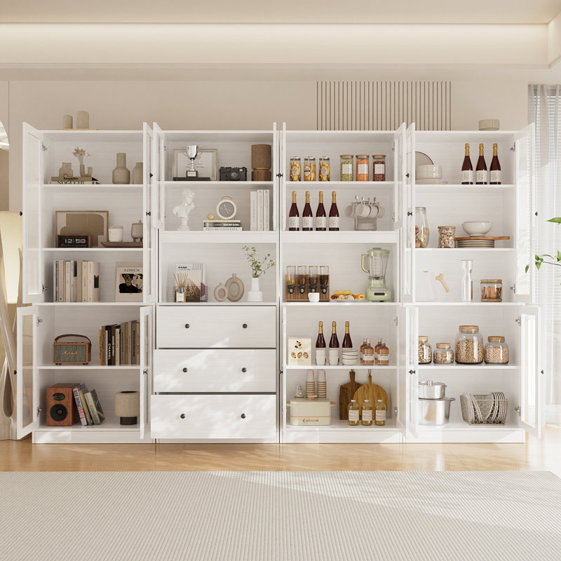 Garde-manger H 71 po x l 94,5 po avec bibliothèques, rehausse de porte en verre avec tiroir et comptoirs spacieux, Blanc
