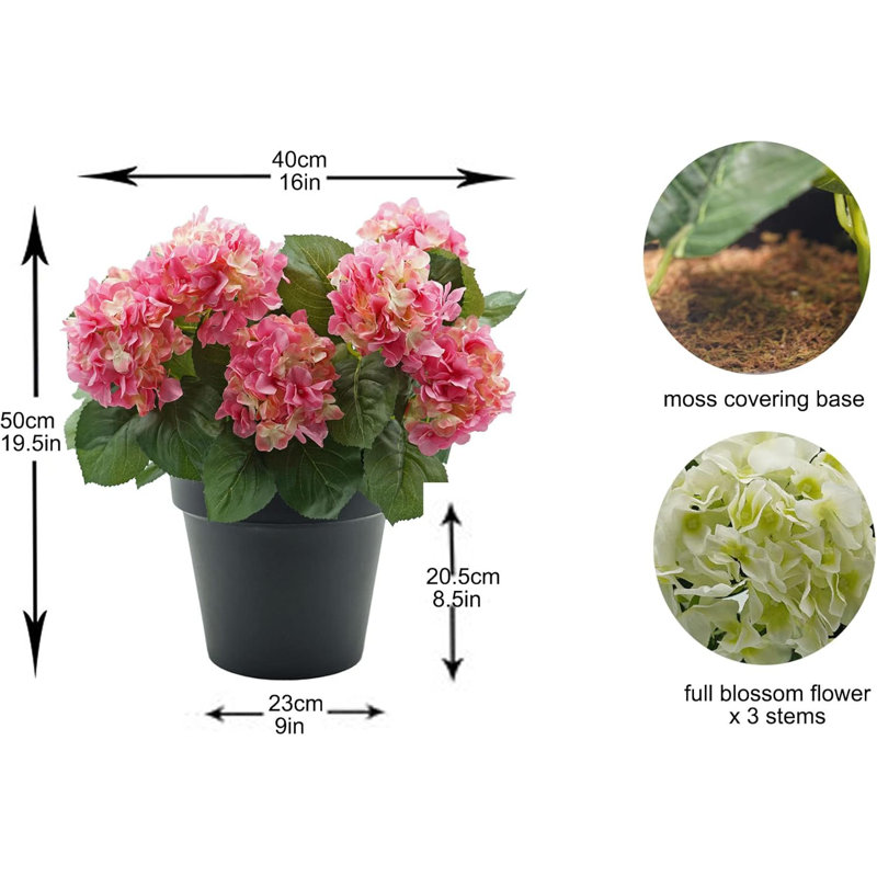 Premium Quality Artificial Hydrangea Flower Bush in Black Pot (50cm) with Nine Flower Clusters, Pink