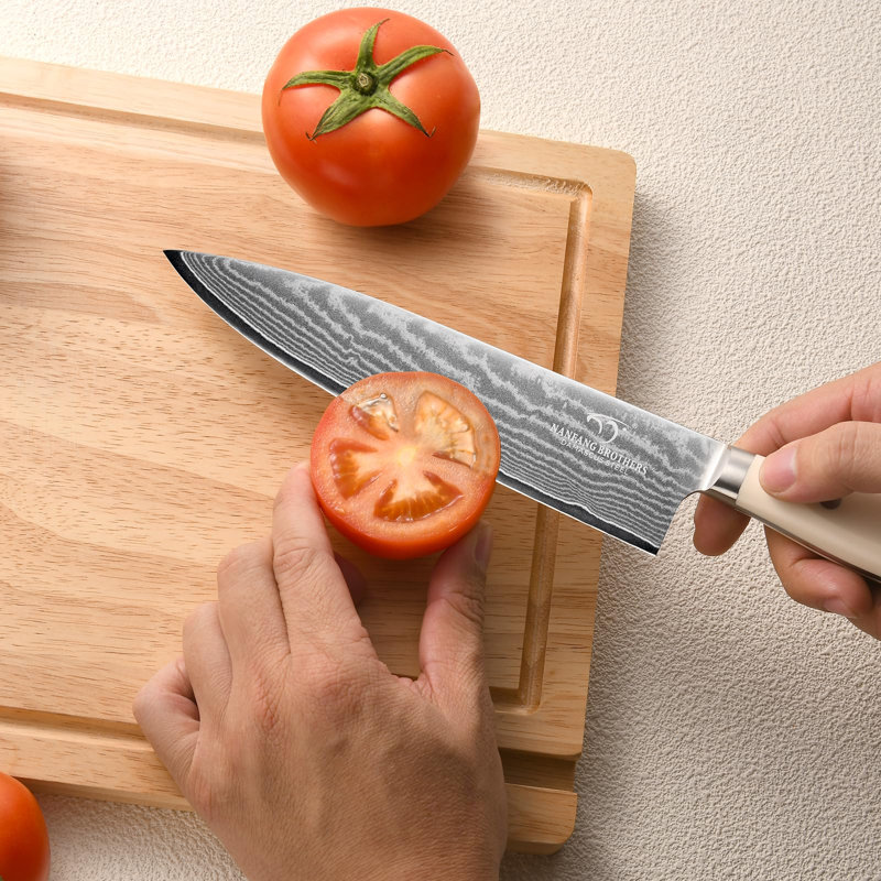 Ensemble de couteaux de cuisine Damas 14 pièces avec ciseaux et taille-crayon - Acier Damas VG10, poignée ergonomique ABS, rangement en bois blanc