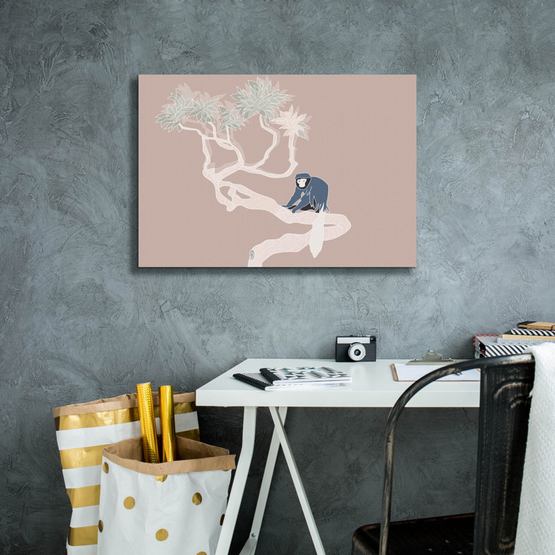 Épique graffiti «Vintage Tropics Monkey On A Branch» par Sabrina Balbuena, art mural sur toile, 26 po x 18 po