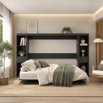 Lit escamotable horizontal Queen Size avec bureau, pieds motorisés et armoire de rangement, cadre gris et noir pour bureau à domicile ou chambre d'amis