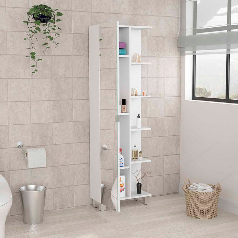 Armoire à linge miroir Urano, quatre tablettes intérieures, cinq tablettes extérieures - blanc
