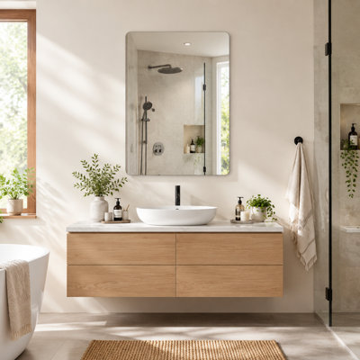 30 x 40 Inch Frameless Bathroom Mirror with Soft Rounded Corners, 5mm HD Silver Glass, Dual Mount, Safety Backing Film