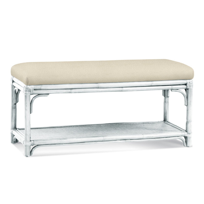Summer Retreat Wicker Shelf Storage Bench, Frost White, Green and Blue Stripe; 0252-54