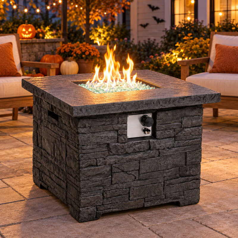 32-Inch Square Propane Fire Pit Table, 50,000 BTU CSA Certified MGO Gas Fire Table with 20 lb Tank Storage, Blue Fire Glass & Cover, Charcoal Gray