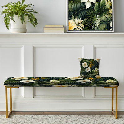 Boho Botanical Oasis Palm I - Tropical Upholstered Gold Bench