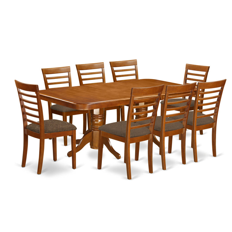 9 Piece Dining Room Furniture Set Includes a Rectangle Kitchen Table with Butterfly Leaf and 8 Linen Fabric Chairs, Saddle Brown