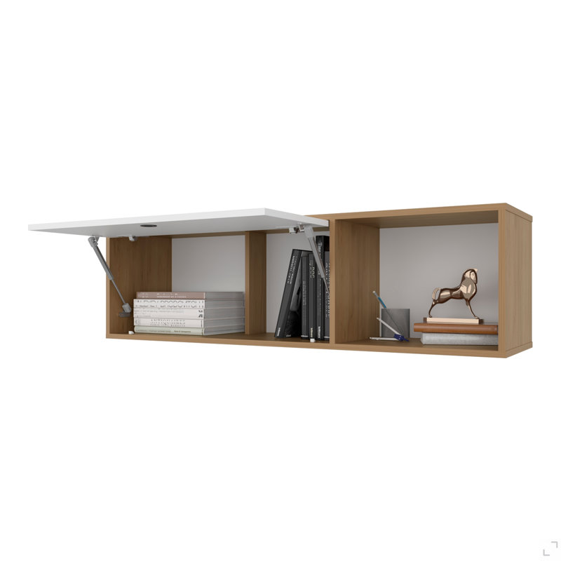 Armoire murale Roslyn avec porte relevable, compartiments ouverts, chêne naturel et blanc Roslyn