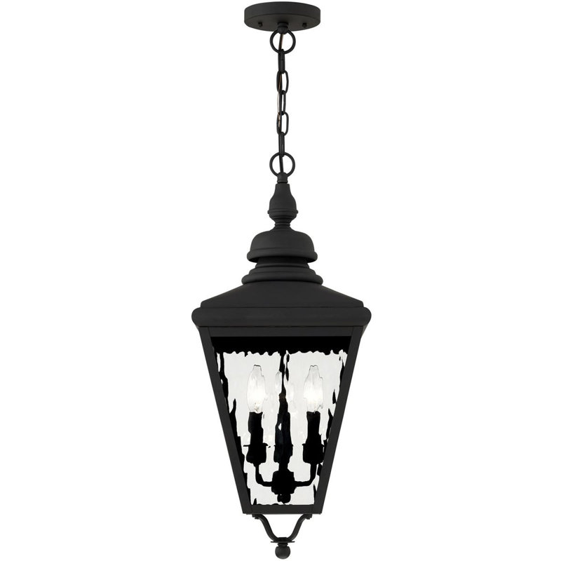 10.625in 3-Light Outdoor Pendant Fixture Clear Water Glass Shade, Black