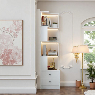 4-Tier Corner Bookshelf With Drawers, LED Lights & Guardrails