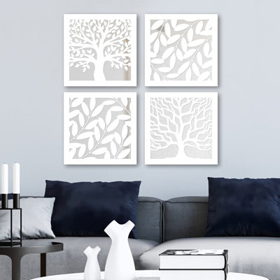 Elegant Mirror Set (4 Pieces), Silver Finish, 7.9 x 7.9 inches | 100% Glass with 0.12 inch MDF Laser Cut Pattern | Easy Wall Hanging Design | Perfect for Home Decor, Living Room & Bedroom Accents