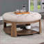Ottoman Transitional Deep Button Tufted with Open Shelf | Walnut Brown/Beige | Solid Wood